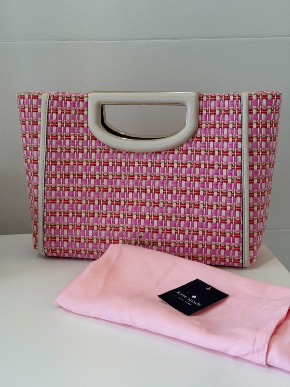 Kate Spade Alexia  Pink & Cream Tweed Handheld Clutch & strap with Gold Accent